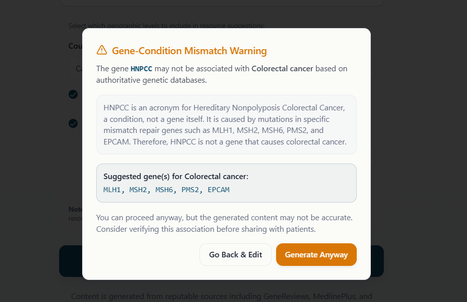 Gene-condition mismatch warning safeguard